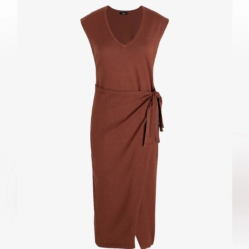 V-Neck Cap Sleeve Tie Waist Midi Sweater Dress - Picture 5 of 6